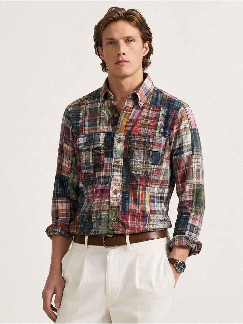 Vintage Polo Ralph Lauren Patchwork Madras Camp Shirt M Preppy Coastal
